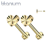 Pair of Implant Grade Titanium Gold PVD Dainty Ridged Heart Threadless Push In Earrings With Flat Back